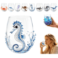 thumbnail image 1 of Artisanal Blue Ringed Octopus Glassware, Novelty 3D Drinking Glass Tumbler Coastal Home Bar Accessories, Unique Ocean Lover Gift(Seahorse), 1 of 9