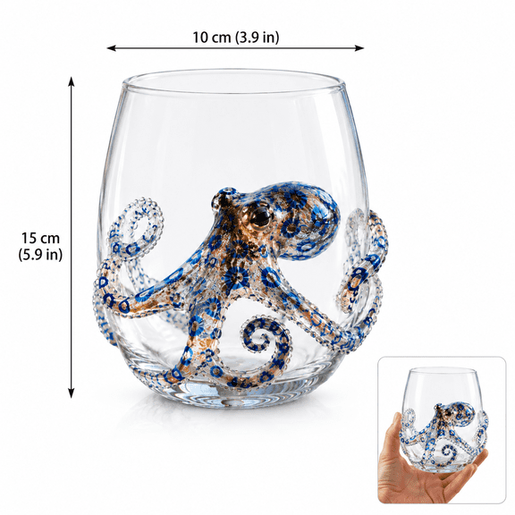 Artisanal Blue Ringed Octopus Glassware Novelty Drinking Glass, 3D Ocean Octopus Tumbler for Coastal Barware Beach House Decor Gift