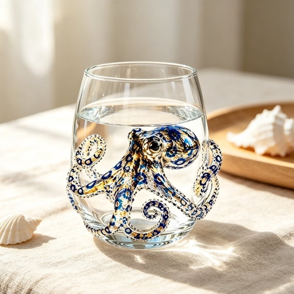 Artisanal Blue Ringed Octopus Glassware, Novelty Drinking Glass, Borosilicate Tumbler, Coastal Home Bar Accessories, Unique Ocean Lover Gift
