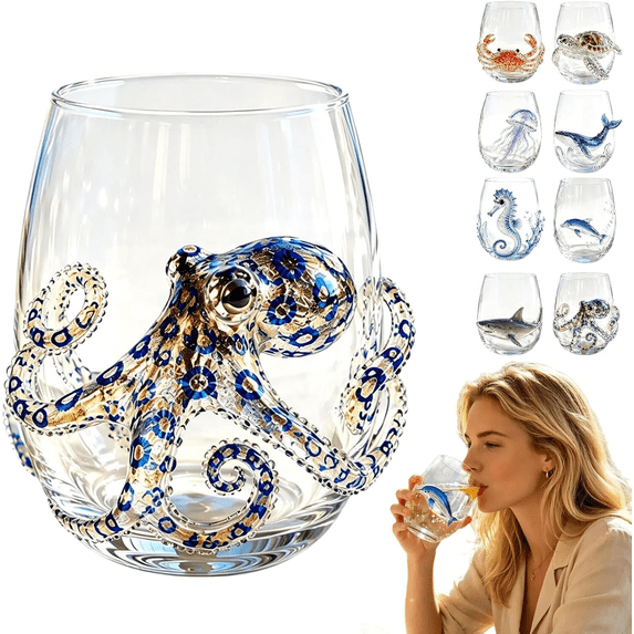 Artisanal Blue Ringed Octopus Glassware, Ocean Animal Artisan Glassware Collection for Fresher Sips, Novelty Ocean Drinking Glass for Cocktails, Gift for Lovers (#021)