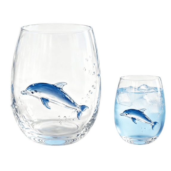 Artisanal Blue Ringed Octopus Glassware, Octopuss Drinking Glass 3D Stemless Wine Glasses, Handcrafted Novelty Marine Animal Bar Glass, Turtle Jellyfish Seahorse for Coastal Home Ocean Decor(Dolphin)