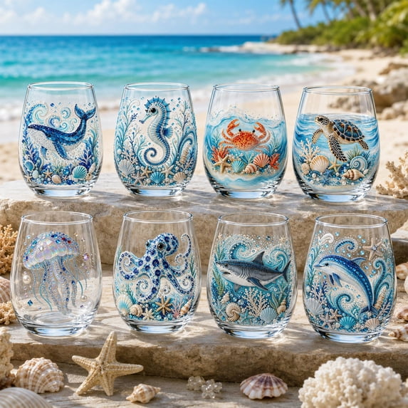 Artisanal Blue Ringed Octopus Glassware, Octopuss Wine Glass 2D Stemless Wine Glasses, Handcrafted Marine Animal Bar Glass, Turtle Jellyfish Seahorse for Coastal Home Ocean Decor