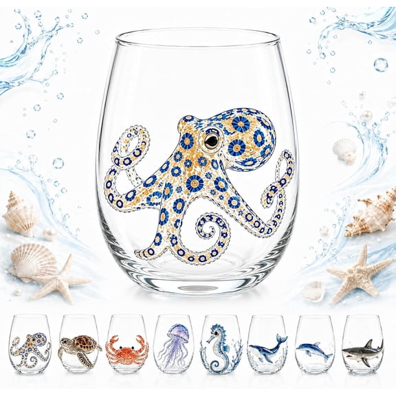 Artisanal Blue Ringed Octopus Glassware Set, Ocean Drinking Glasses with 3D Tentacles, Stemless Wine Tumbler for Coastal Home Bar, Nautical Glass Cups