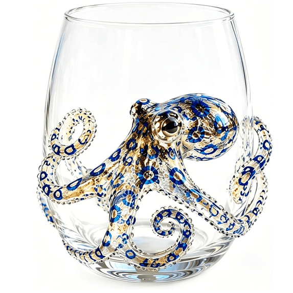 Artisanal Blue Ringed Octopus Novelty Drinking Glass, Lead-Free Borosilicate Tumbler, Coastal Nautical Home Bar Accessory, Unique Handmade Gift For Ocean & Beach Lovers