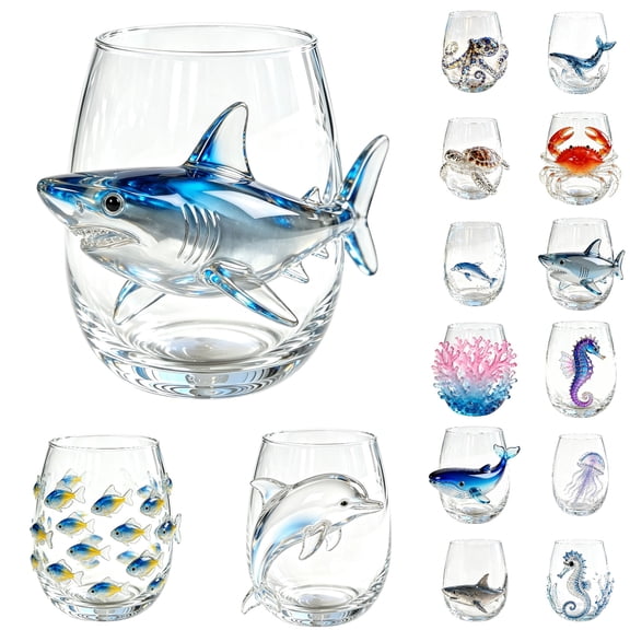 Artisanal Blue Ringed Shark Glassware, 3D Shark Stemless Glasses, Handcrafted Marine Animals Bar Glass, Coastal Home Decor Gifts for Ocean Lovers Home/Office