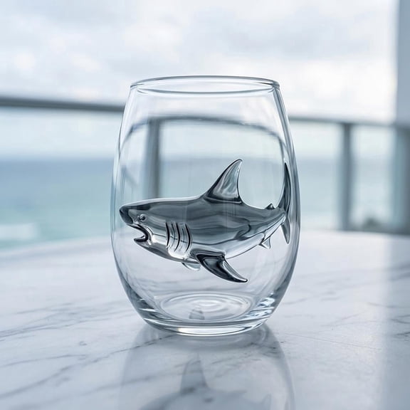 Artisanal Blue Ringed Shark Glassware, 3D Shark Stemless Wine Glasses, Ocean Fantasy Embossed Glass Collection, for Handcrafted Marine Animal Bar, Coastal Home Decor Gift