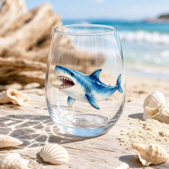 Artisanal Blue Ringed Shark Glassware, 3D Shark Stemless Wine Glasses, Ocean Fantasy Embossed Glass Collection, Handcrafted Marine Animal Bar Glass, Coastal Home Decor Gift (Shark)
