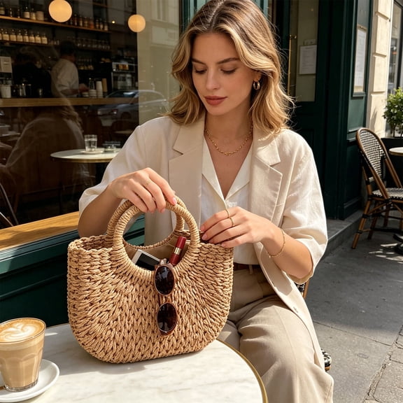 Artisanal Boho Look, Tote Bag — Handmade Straw Rattan Handbag, Summer Beach Travel Tote, And Woven Purse With 9.4x7.1x2.8 Inch Rattan Design For Vacation