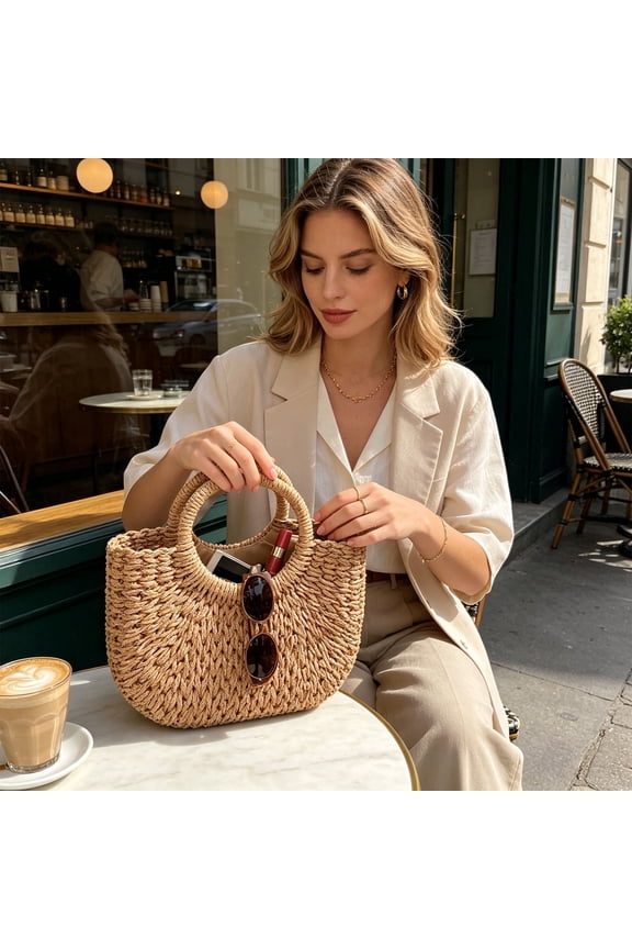 Artisanal Boho Look, Tote Bag — Handmade Straw Rattan Handbag, Summer Beach Travel Tote, And Woven Purse With 9.4x7.1x2.8 Inch Rattan Design For Vacation