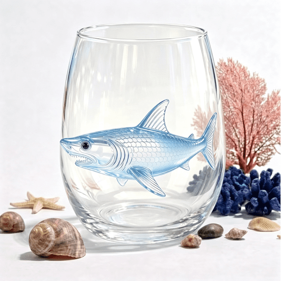 Artisanal Clear Blue Shark Glassware, 3D Clear Blue Shark Stemless Wine Glasses, Handcrafted Marine Animal Bar Glass