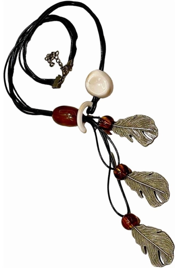 Artisanal Crafted Ceramic Bead Leaf Necklace with Fringe Detail for Women Retro Hippie[e114]