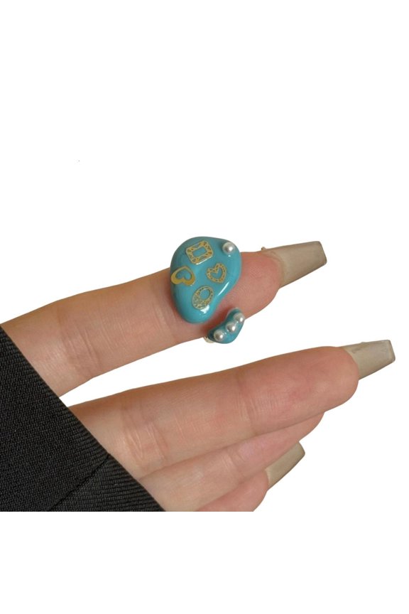Artisanal Crafted Misty Blue Enamel Adjustable Ring For Stacking Modern Stainless Steel Design
