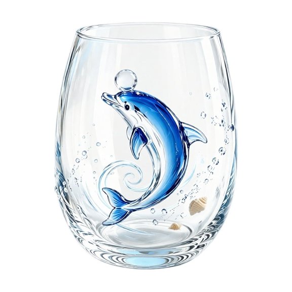Artisanal Dolphin Glassware 2D Dolphin Stemless Wine Glasses | Handcrafted Marine Animal Bar Glass Coastal Home Decor Gift for Ocean Lovers