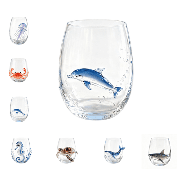 Artisanal Dolphin Glassware, 7 Styles Ocean Creature Drinking Tumbler, Clear Borosilicate Glass Cup for Cocktail Water Juice