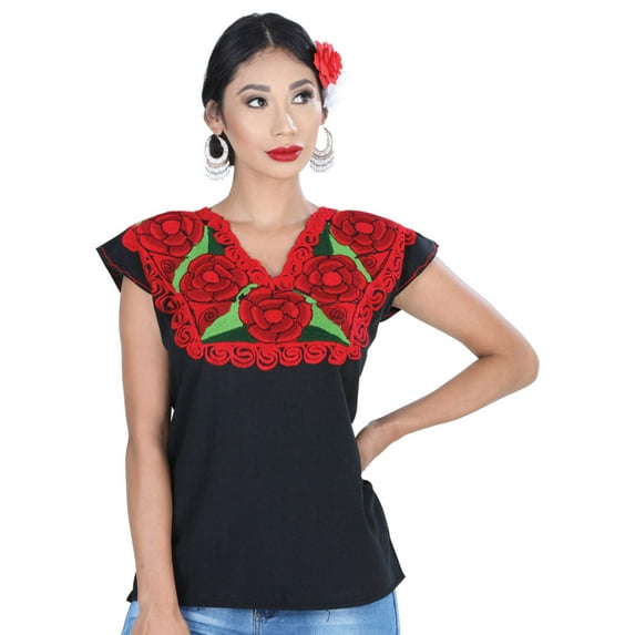 Artisanal Embroidered Blouse 100% Cotton Black/Red 601409