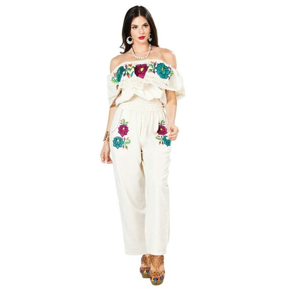 Artisanal Embroidered Jumpsuit 100% Cotton Ivory 603188