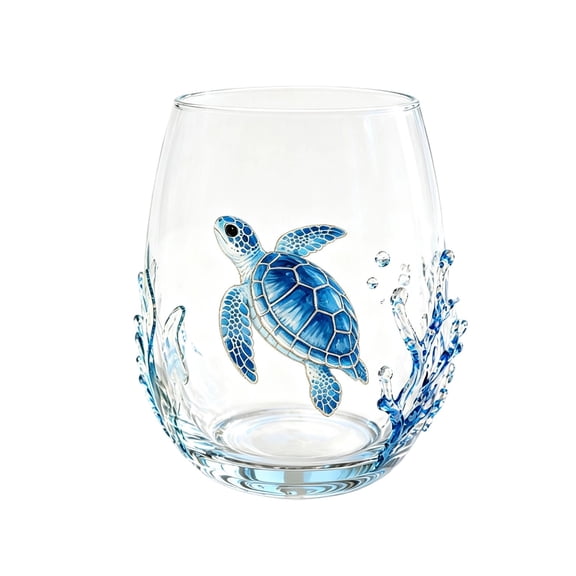 Artisanal Green Sea Turtle Glassware,2D Turtle Stemless Wine Glasses,Handcrafted Marine Bar Glass,Coastal Home Decor Gift for Ocean Lovers,(Sea Turtle-B)