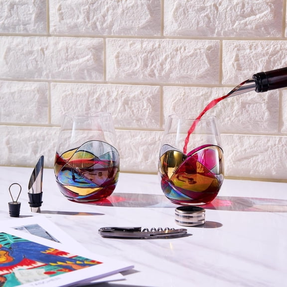 Artisanal Hand-Painted Stemless Wine Glasses & Accessories Set with Gift Box – Mother’s Day, Wife, Friends, or Girlfriend –  Stained Glass Windows – Birthday or Housewarming Gift Idea
