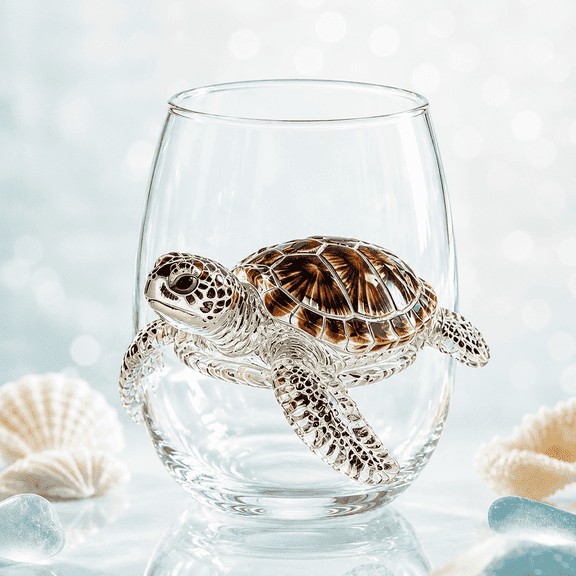 Artisanal Humpback Turtle Glassware, 3D Turtle Stemless Glasses, Handcrafted Marine Animal Bar Glass