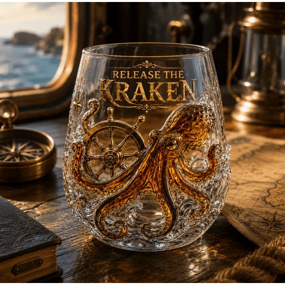 Artisanal The Kraken Pirate Glassware, 3D Legendary Ocean Treasure Drinking Glass with Sculpted Tentacles, Handcrafted Borosilicate Tumbler for Cocktails and Beverages(Kraken)