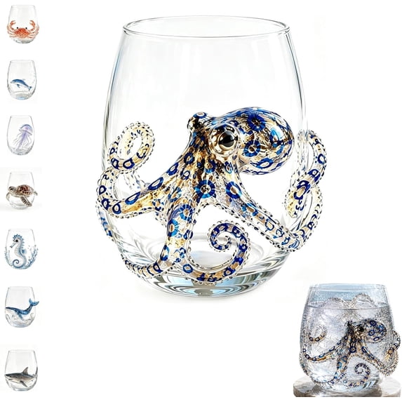 Artisanal Marine Animal Themed Glass Cup - 3D Artistic Ocean Theme Drinking Glass, 12 Oz Glass Tumbler, Coastal Home Summerween Decor Gift for Ocean Lovers (Octopus)