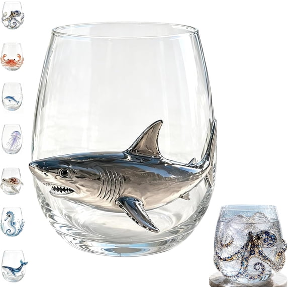 Artisanal Marine Animal Themed Glass Cup - 3D Artistic Ocean Theme Drinking Glass, 12 Oz Glass Tumbler, Coastal Home Summerween Decor Gift for Ocean Lovers (Shark)
