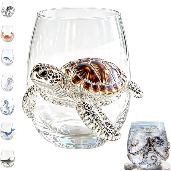 Artisanal Marine Animal Themed Glass Cup - 3D Artistic Ocean Theme Drinking Glass, 12 Oz Glass Tumbler, Coastal Home Summerween Decor Gift for Ocean Lovers (Turtle)