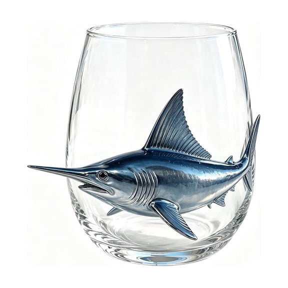 Artisanal Marlin Glassware, 2D Ocean Animal Stemless Wine Glasses, Handcrafted Ocean Art Bar Glass Tea Cup for Coastal Home Decor Ocean Lovers
