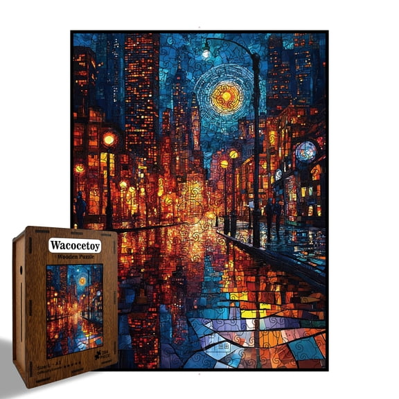 Wacocetoy Wooden Jigsaw Puzzle Vibrant Impressionist City Silhouette Adult Interlocking 1 Pack
