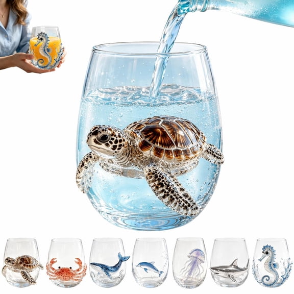 Artisanal Ocean Animal Glassware Stemless Drinking Glass, 3D Handcrafted Marine Life Glass Cup, Borosilicate Coastal Bar Glass, Novelty Wine Tumbler for Cocktails Water Juice Whiskey Home Decor Gift