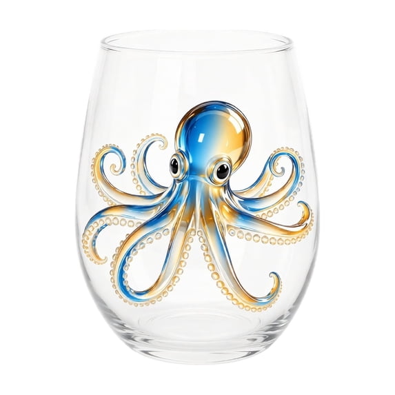 Artisanal Octopus Glassware, 2D Octopus Stemless Wine Glasses, Ocean Fantasy Embossed Glass Collection, Handcrafted Marine Animal Bar Glass, Coastal Home Decor Gift