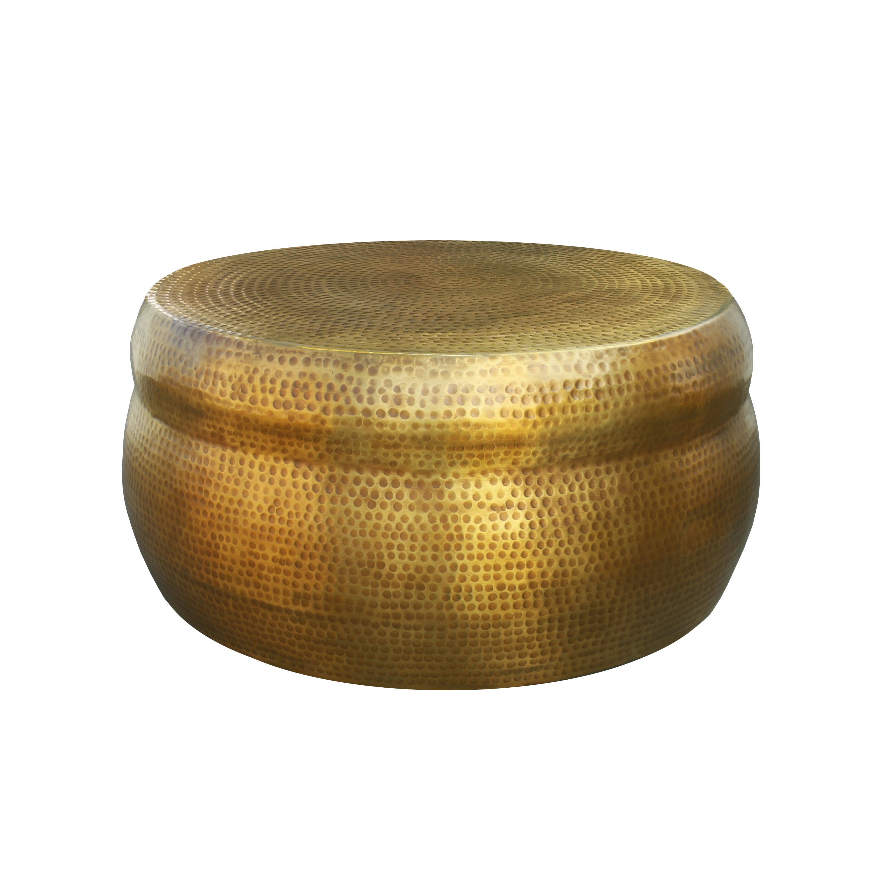 32" Artisanal Antique Brass Round Drum Coffee Table with Storage