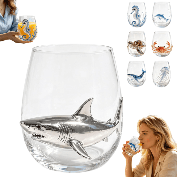 Artisanal Shark Glassware, 2D Sharks Stemless Wine Glasses, Ocean Fantasy Embossed Glass Collection, Handcrafted Marine Animal Bar Glass, Coastal Home Decor Gift