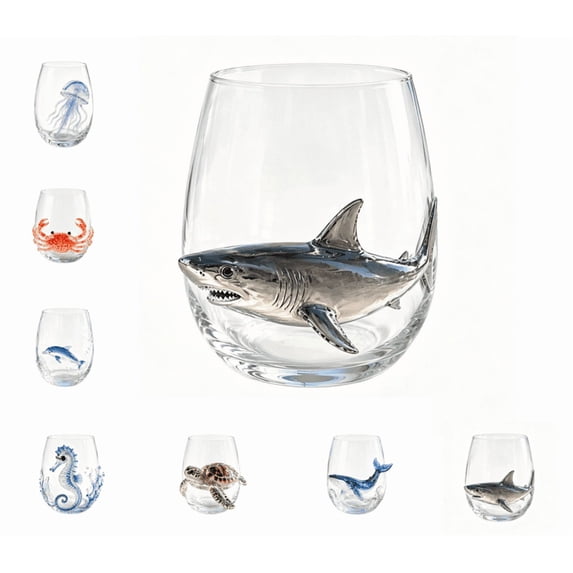 Artisanal Shark Glassware, 3D Whale Seahorse Turtle Jellyfish Dolphin Crab Shark Tumbler, Borosilicate Glass Drinking Cup for Beverages