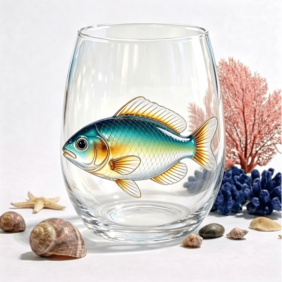 Artisanal Tropical Color Fish Glassware, 3D Tropical Color Fish Stemless Wine Glasses, Handcrafted Marine Animal Bar Glass