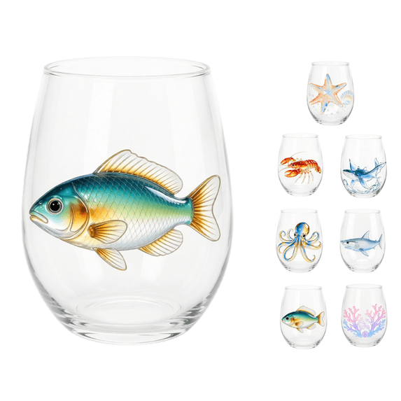 Artisanal Tropical Color Fish Glassware, Novelty Drinking Glass with Flat Printed Tropical Color Fish Design, Borosilicate Tumbler for Cocktails and Beverages, Coastal Home Bar Accessory