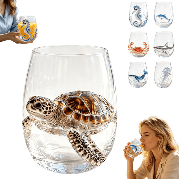 Artisanal Turtle Glassware, 2D Turtles Stemless Wine Glasses, Ocean Fantasy Embossed Glass Collection, Handcrafted Marine Animal Bar Glass, Coastal Home Decor Gift