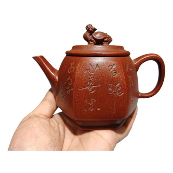 Artisanal Yixing Teapot Functional Coffee Dragon Spout Hexagonal Turtle Finial Calligraphy Carving Bird Flower Motif Engraving