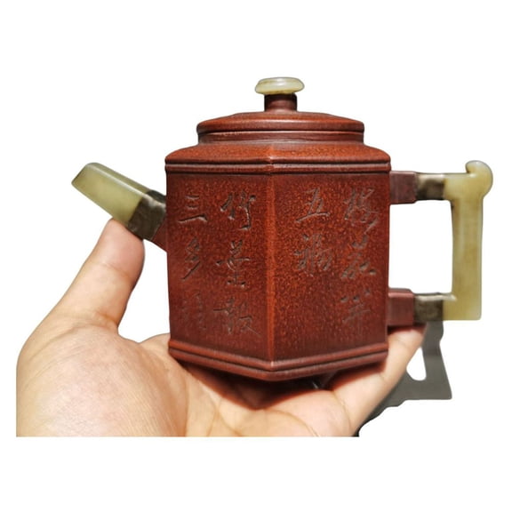 Artisanal Yixing Teapot Functional Coffee Jade Inlaid Bamboo Carved Hexagonal Six Sided Angular Symmetrical Geometric