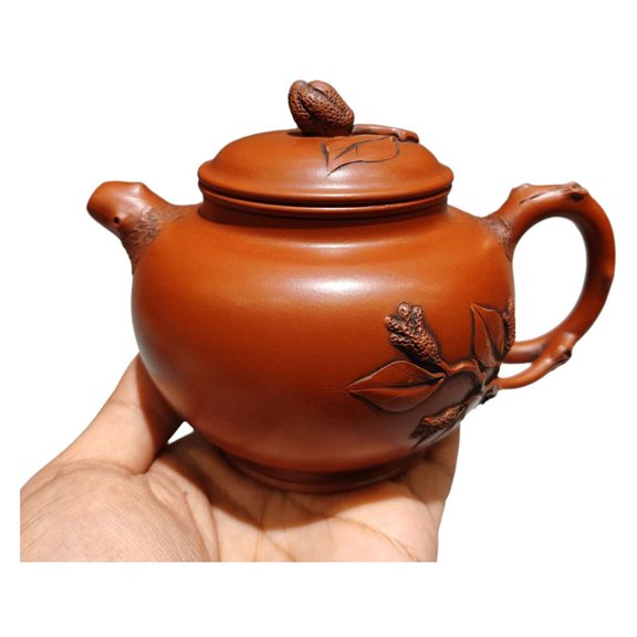 Artisanal Yixing Teapot Functional Coffee Lychee Handcrafted Carved Sculpted Rounded Branch Leaf Embossed Textured Detailed