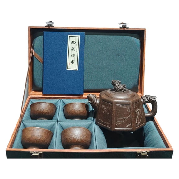 Artisanal Yixing Teapot Functional Coffee Octagonal Dragon Turtle Carved Engraved Etched Mythical Creature Auspicious