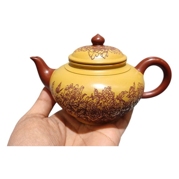 Artisanal Yixing Teapot Functional Coffee Peony Floral Carved Engraved Etched Sculpted Globular Spherical Round Rounded Vessel