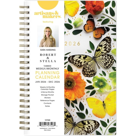Artisans & Makers Sara Harding 2026 Weekly and Monthly Planner, January 2026 - December 2026, 5" x 8", Flexible Cover, Durable Wire Binding, Laminated Tabs, Pocket, Stickers, Butterflies