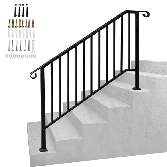 Artisasset Matte Black 4Step Galvanized Iron Outdoor Handrail Curved Step Railing for 45 Steps Garden Residential Commercial Stair Support