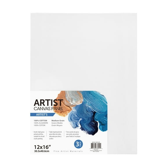 Artist Canvas Panel, 100% Cotton Acid Free White Canvas, 12"X16", 3 Pieces, Deluxe Canvas, Ideal for Art Students, Educators, Artists and Professionals.
