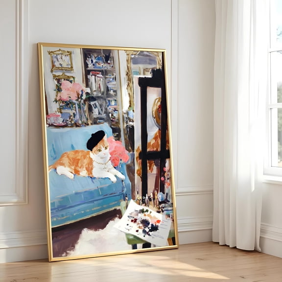 Artist Cat Poster, Impressionism Style Fine Art, Painter Ginger Cat Decor , Poster Print Only