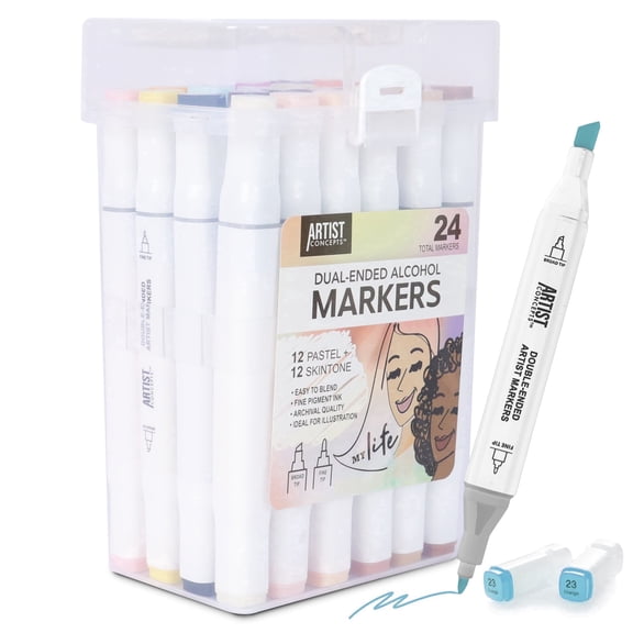 Artist Concepts Dual-Ended Alcohol Markers Set with Color-Coded Caps, Chisel & Fine Tips, Multicolor, 24 Count