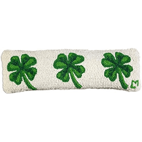 Artist-Designed 4 Leaf Clover Hand-Hooked Wool Decorative Throw Pillow (8 in x 24 in) St Patrick's Pillow for Couches & Beds - Low Maintenance St Patty's Day Shamrock Lumbar Pillow
