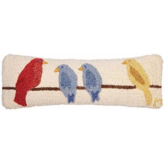 Artist-Designed Birds on a Wire Hand-Hooked Wool Decorative Throw Pillow (8 in x 24 in) Wildlife Pillow for Couches & Beds - Low Maintenance Nature, Wilderness Bird Pillow