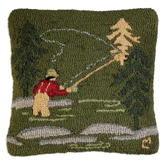 Artist-Designed Fly Fisherman Hand-Hooked Wool Decorative Throw Pillow (18 in x 18 in) Lake & Pillow for Couches & Beds - Low Maintenance - Fishing Pillow for Cabins